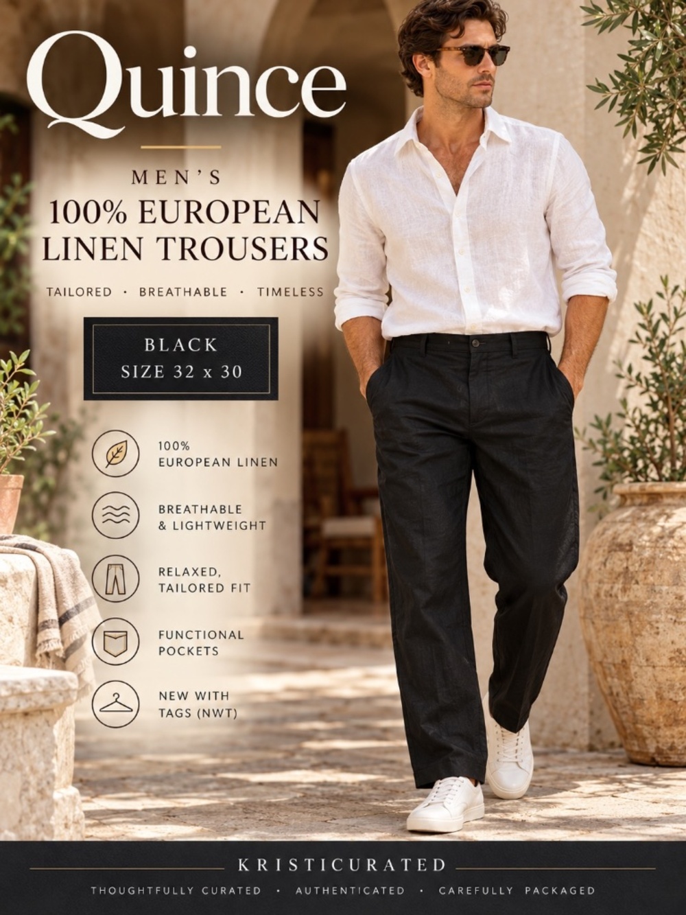 Quince Men's 100% European Linen Trousers Black 32x30 NWOT